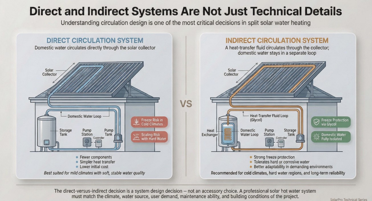 Direct and indirect split solar water heating system comparison showing domestic water loop, heat transfer fluid loop, storage tank, pump station, controller, and heat exchanger